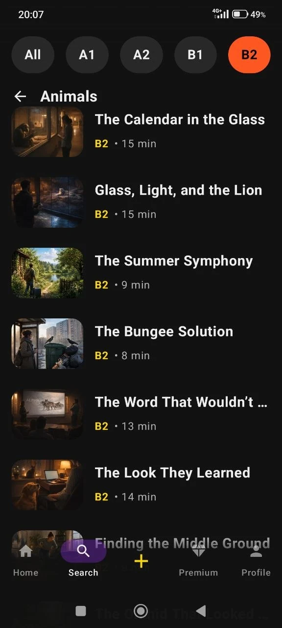 SmartReader story list filtered by English level A2