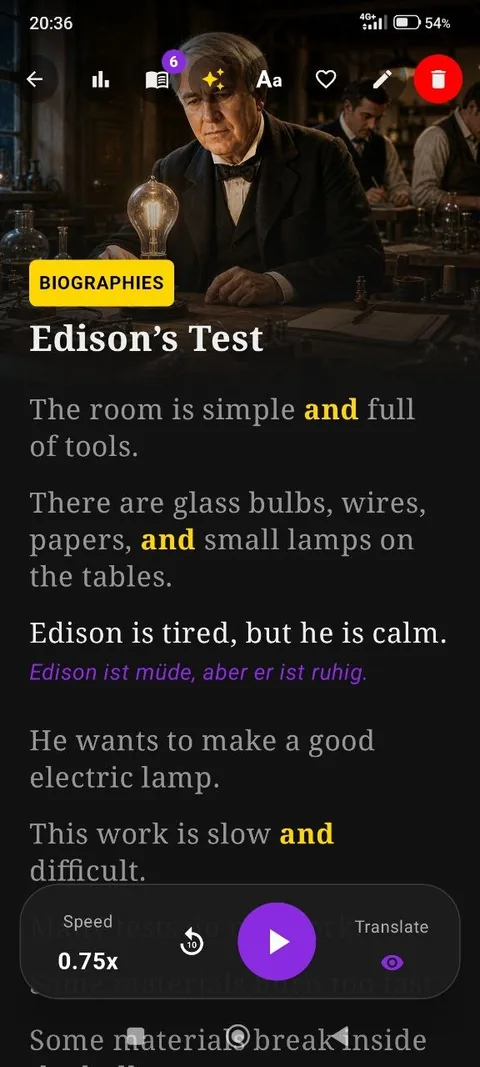 SmartReader Reader showing an English story with listening and translation controls
